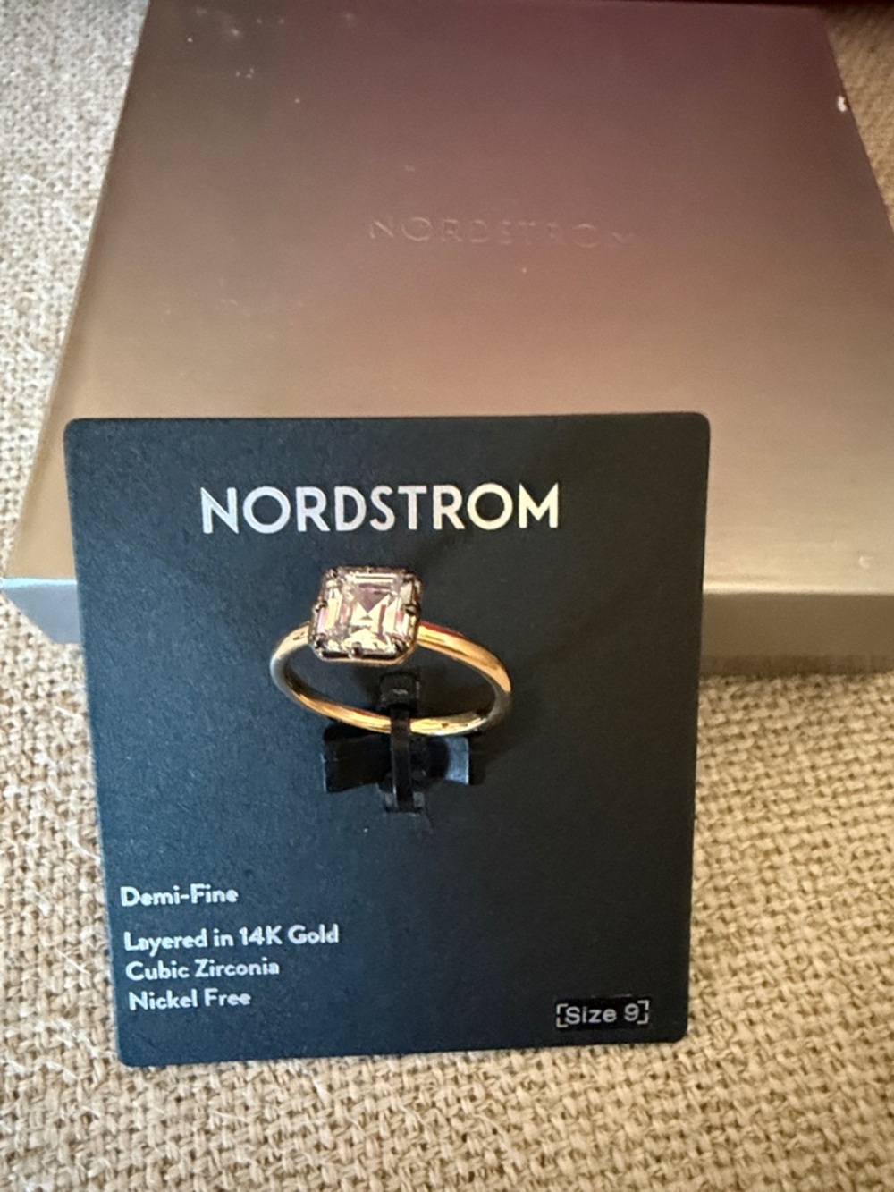 Nordstrom Gold Ring with Light Pink Square Stone size 9